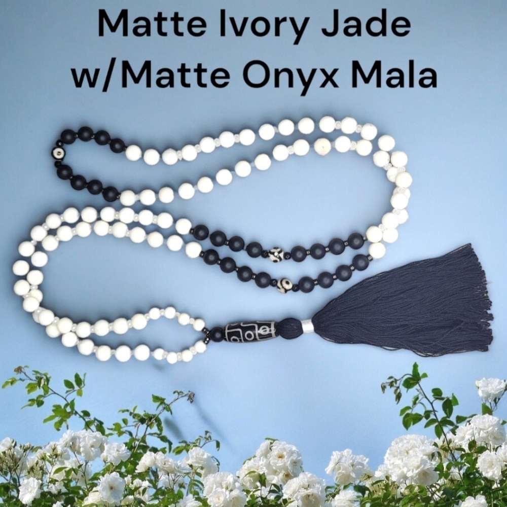 Matte Ivory Jade Matte Onyx Mala 108 Gemstone Bead One of A Kind Necklace